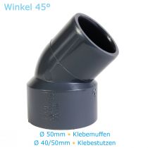 PVC Fitting Winkel 45° Ø 50mm Klebemuffe x Ø 40/50mm Klebestutzen