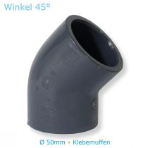 PVC Fitting Winkel 45° mit  Ø50mm Klebemuffen