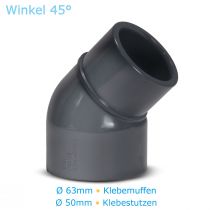 PVC Fitting Winkel 45° Ø 63mm Klebemuffe x Ø 50/63mm Klebestutzen, Qualität aus Europa